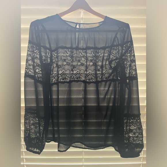Ann Taylor Loft Black Sheer Long Sleeved Lace Detail Blouse - Size Small - Picture 5 of 7